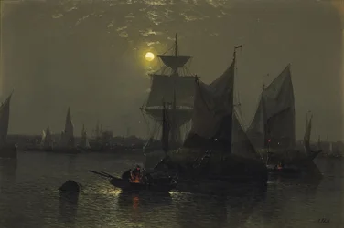 Embarcaciones a vela en un puerto iluminado por la luna con pescadores y sus barcos en primer plano